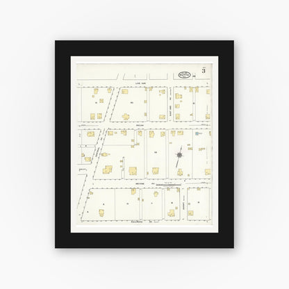 Old map wall art mockup — black gallery frame with white mat — Sanborn Fire Insurance Map from Hutto, Williamson County, Texas (1921), Sheet #0003