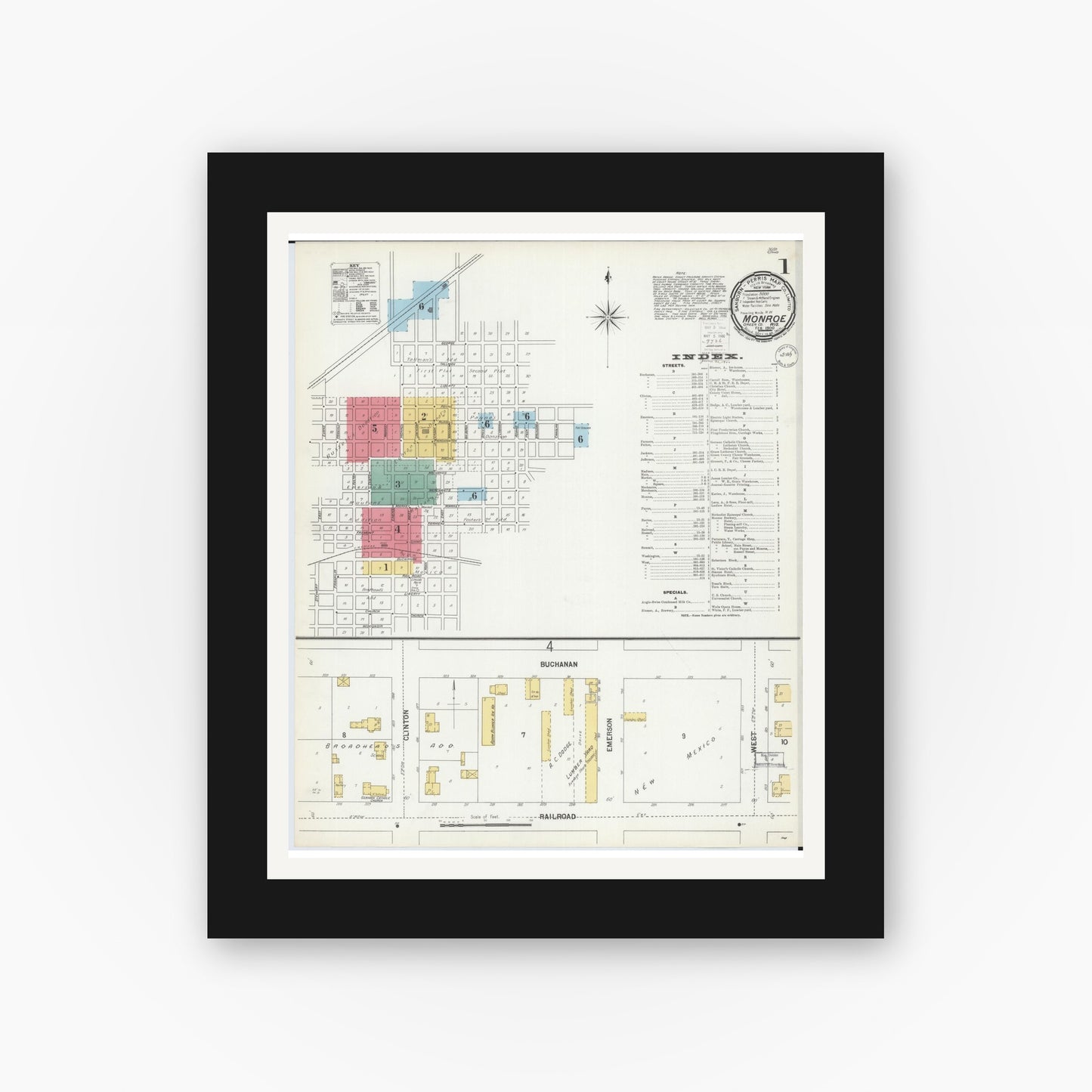 Old map wall art mockup — black gallery frame with white mat — Sanborn Fire Insurance Map from Monroe, Green County, Wisconsin (1900), Sheet #0001