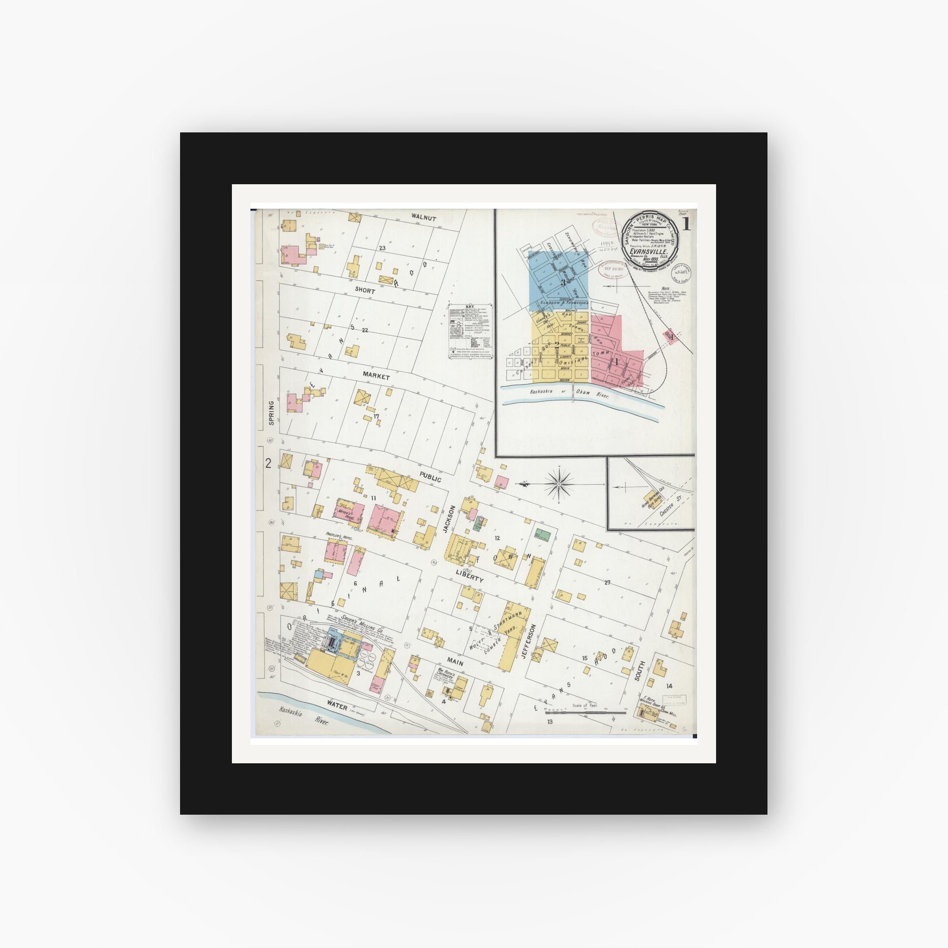 Old map wall art mockup — black gallery frame with white mat — Sanborn Fire Insurance Map from Evansville, Randolph County, Illinois (1899), Sheet #0001