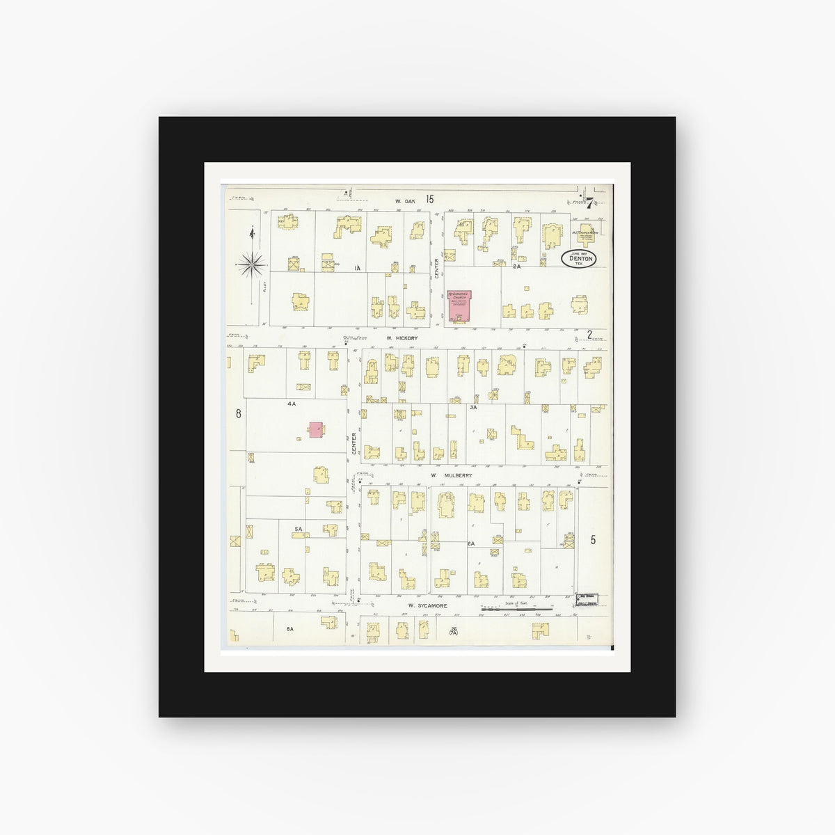 Old map wall art mockup — black gallery frame with white mat — Sanborn Fire Insurance Map from Denton, Denton County, Texas (1907), Sheet #0007