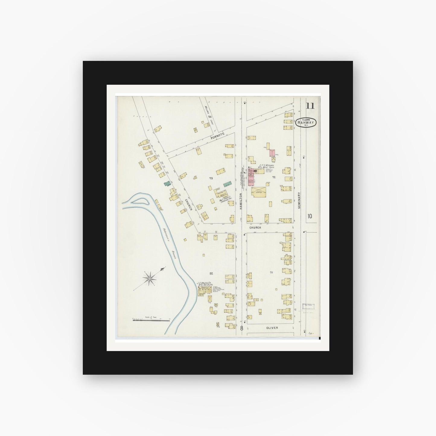Old map wall art mockup — black gallery frame with white mat — Sanborn Fire Insurance Map from Rahway, Union County, New Jersey (1896), Sheet #0011