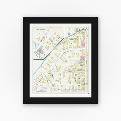 Old map wall art mockup — black gallery frame with white mat — Sanborn Fire Insurance Map from Waltham, Middlesex County, Massachusetts (1892), Sheet #0011
