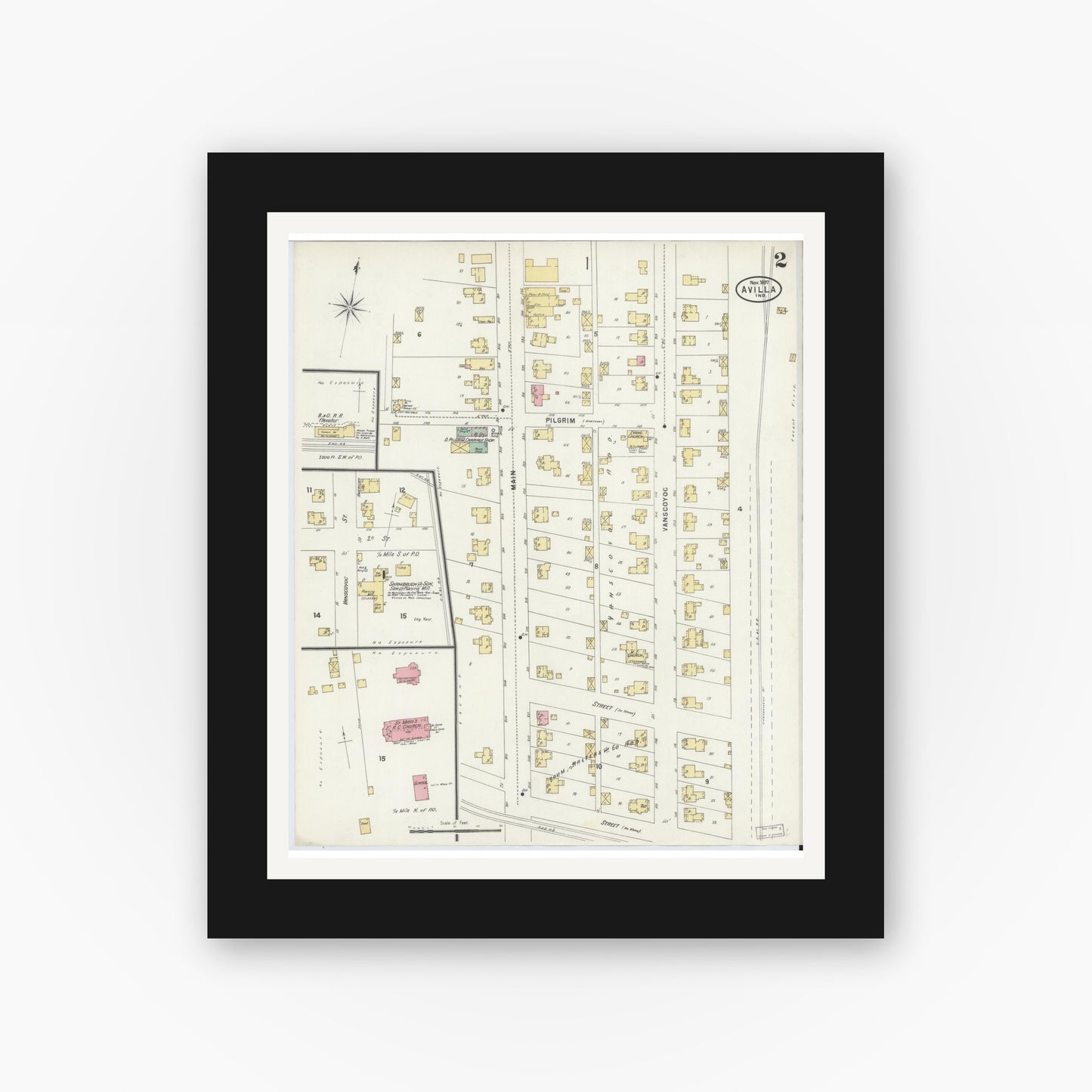 Old map wall art mockup — black gallery frame with white mat — Sanborn Fire Insurance Map from Avilla, Noble County, Indiana (1897), Sheet #0002