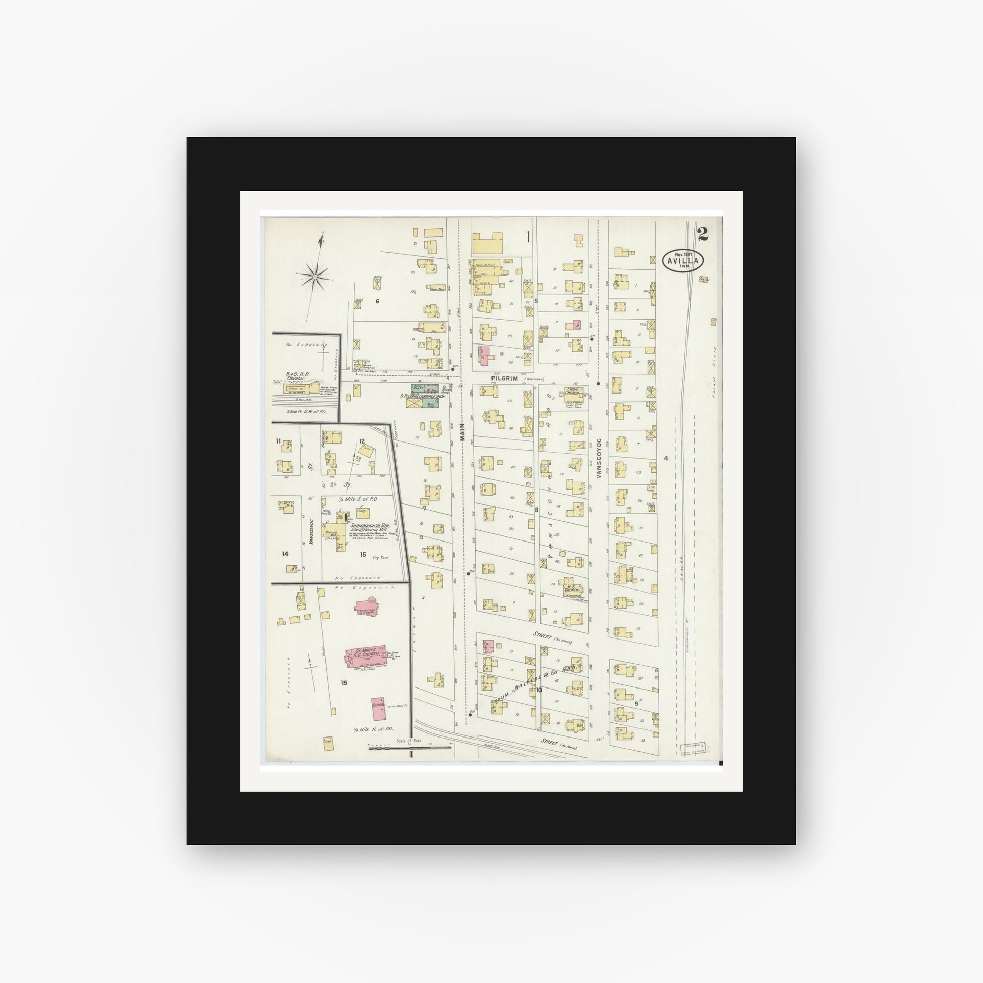 Old map wall art mockup — black gallery frame with white mat — Sanborn Fire Insurance Map from Avilla, Noble County, Indiana (1897), Sheet #0002