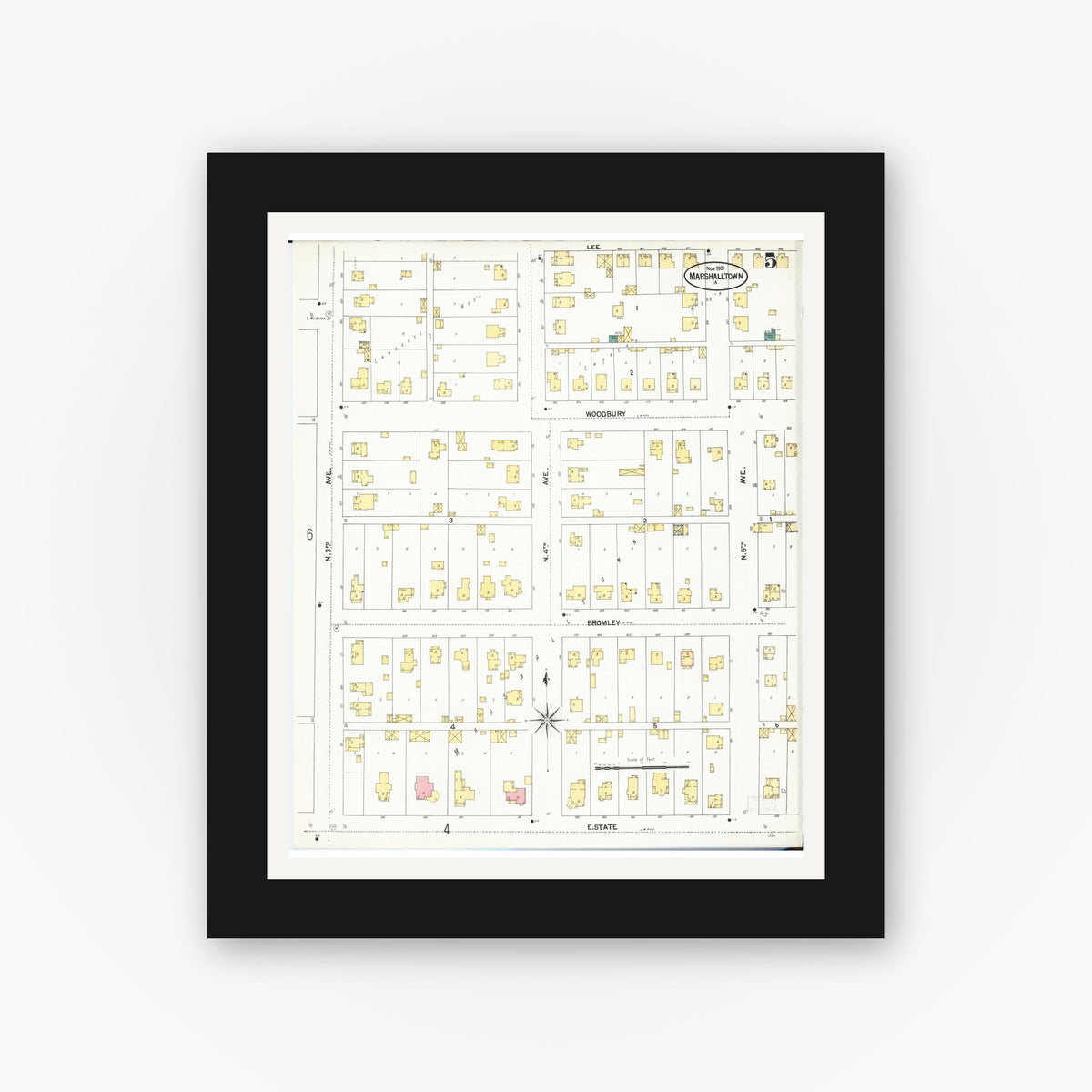 Old map wall art mockup — black gallery frame with white mat — Sanborn Fire Insurance Map from Marshalltown, Marshall County, Iowa (1901), Sheet #0005