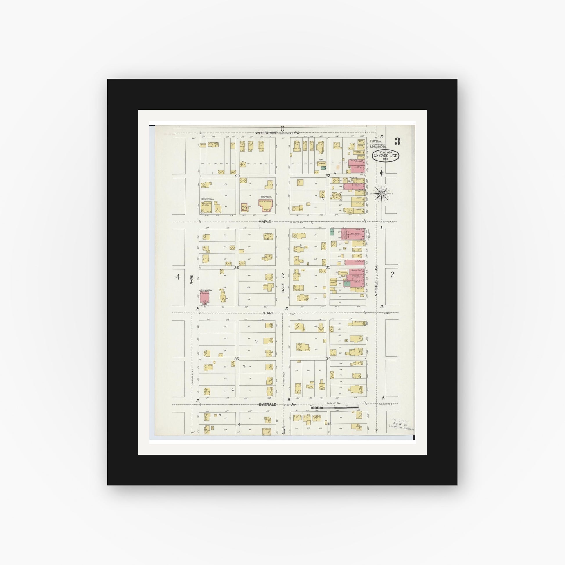Old map wall art mockup — black gallery frame with white mat — Sanborn Fire Insurance Map from Chicago Junction, Huron County, Ohio (1899), Sheet #0003