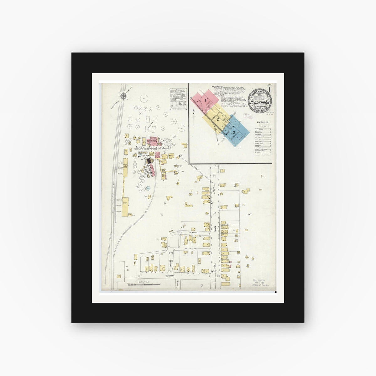 Old map wall art mockup — black gallery frame with white mat — Sanborn Fire Insurance Map from Clarendon, Warren County, Pennsylvania (1912), Sheet #0001
