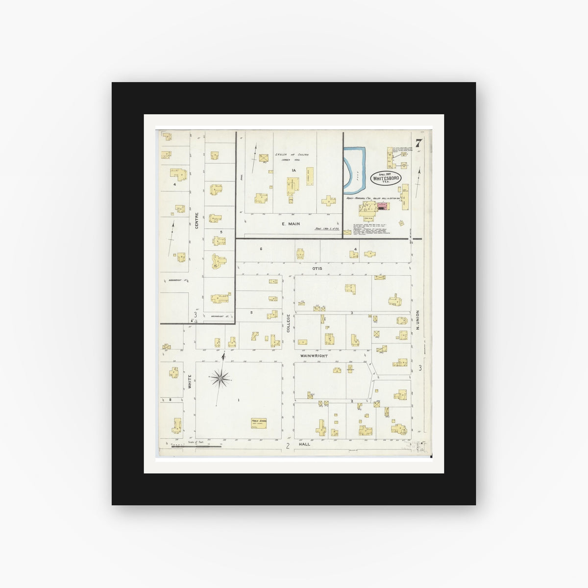 Old map wall art mockup — black gallery frame with white mat — Sanborn Fire Insurance Map from Whitesboro, Grayson County, Texas (1907), Sheet #0007