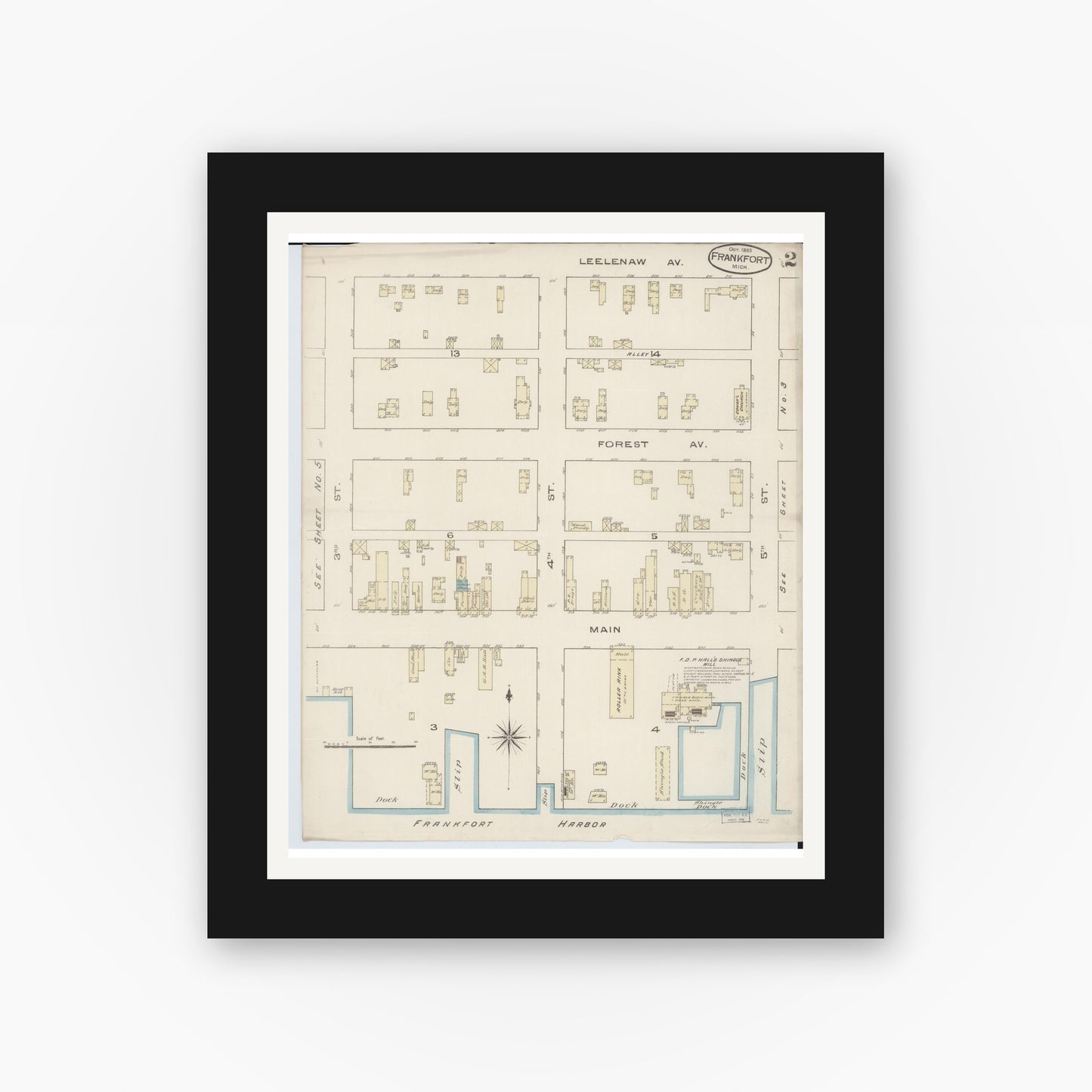 Old map wall art mockup — black gallery frame with white mat — Sanborn Fire Insurance Map from Frankfort, Benzie County, Michigan (1885), Sheet #0002