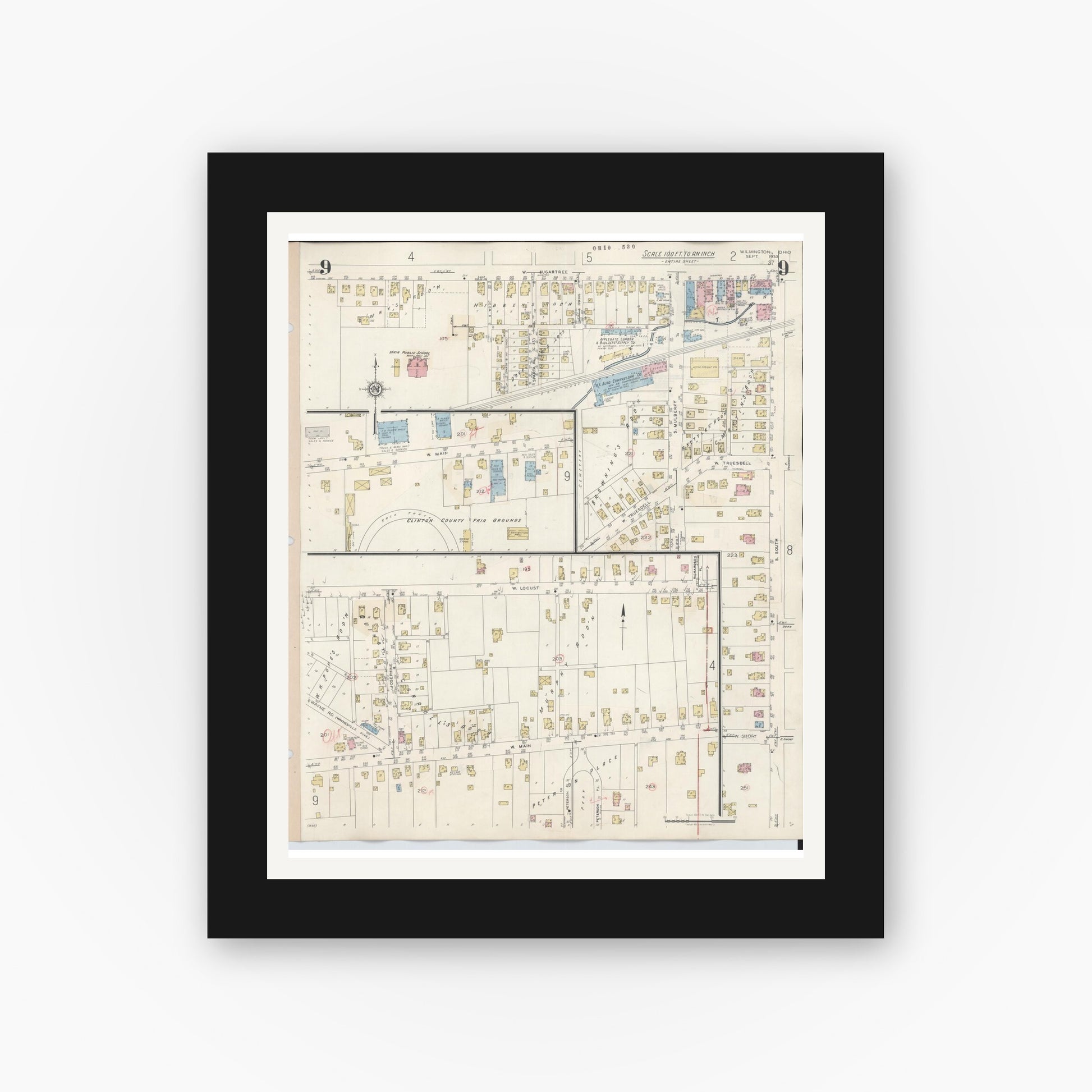 Old map wall art mockup — black gallery frame with white mat — Sanborn Fire Insurance Map from Wilmington, Clinton County, Ohio (1949), Sheet #0009