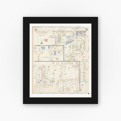 Old map wall art mockup — black gallery frame with white mat — Sanborn Fire Insurance Map from Wilmington, Clinton County, Ohio (1949), Sheet #0009