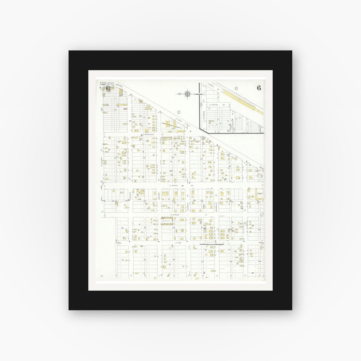 Old map wall art mockup — black gallery frame with white mat — Sanborn Fire Insurance Map from Borger, Hutchinson County, Texas (1933), Sheet #0006