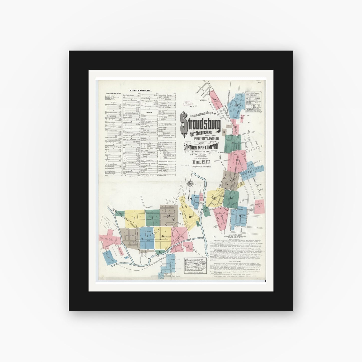 Old map wall art mockup — black gallery frame with white mat — Sanborn Fire Insurance Map from Stroudsburg, Monroe County, Pennsylvania (1912) - Complete Map Set