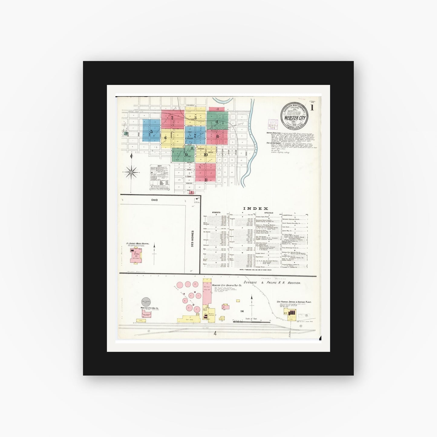 Old map wall art mockup — black gallery frame with white mat — Sanborn Fire Insurance Map from Webster City, Hamilton County, Iowa (1907), Sheet #0001