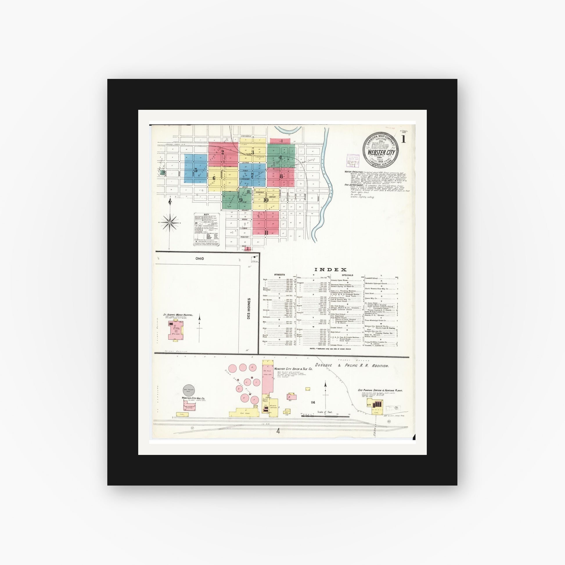 Old map wall art mockup — black gallery frame with white mat — Sanborn Fire Insurance Map from Webster City, Hamilton County, Iowa (1907), Sheet #0001