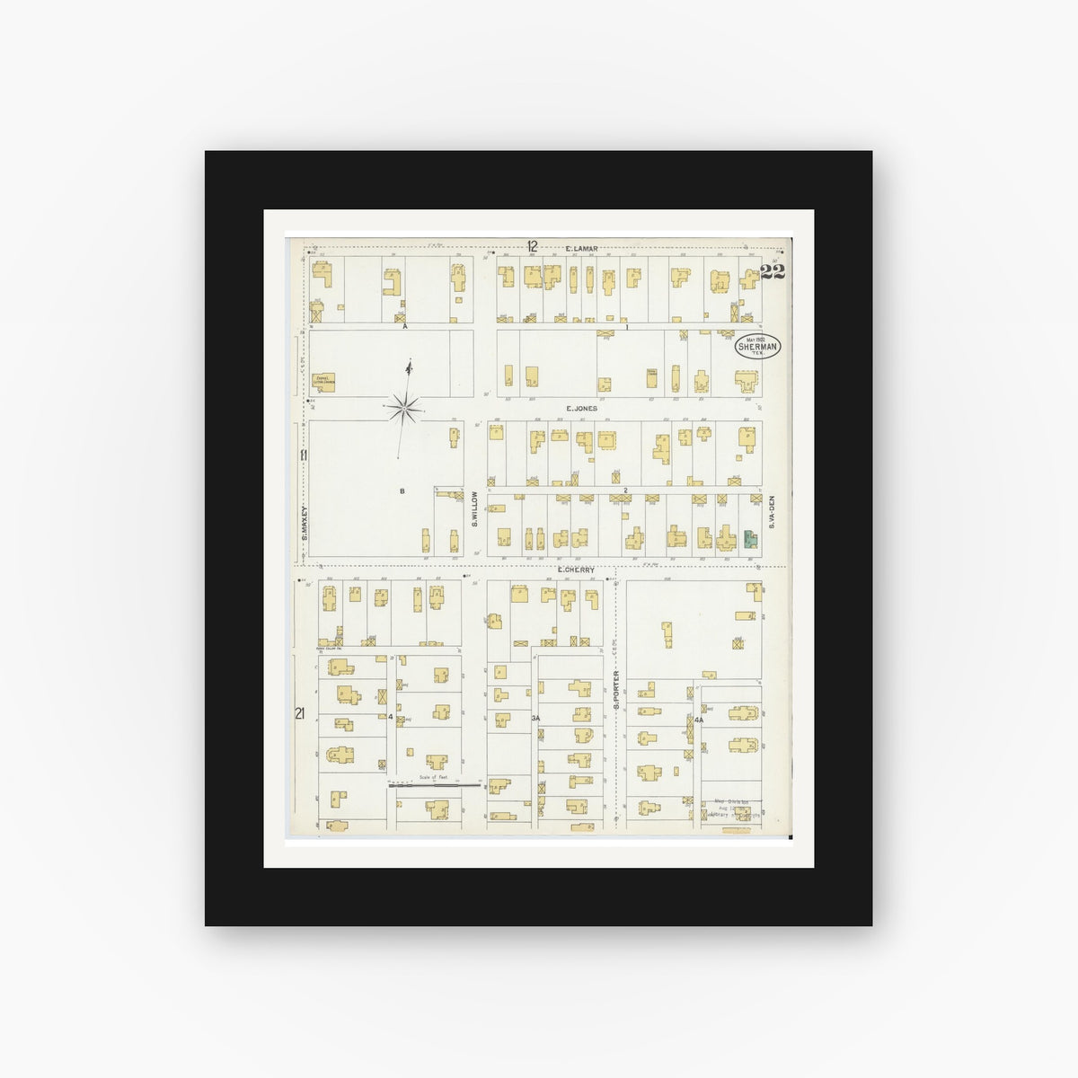 Old map wall art mockup — black gallery frame with white mat — Sanborn Fire Insurance Map from Sherman, Grayson County, Texas (1902), Sheet #0022