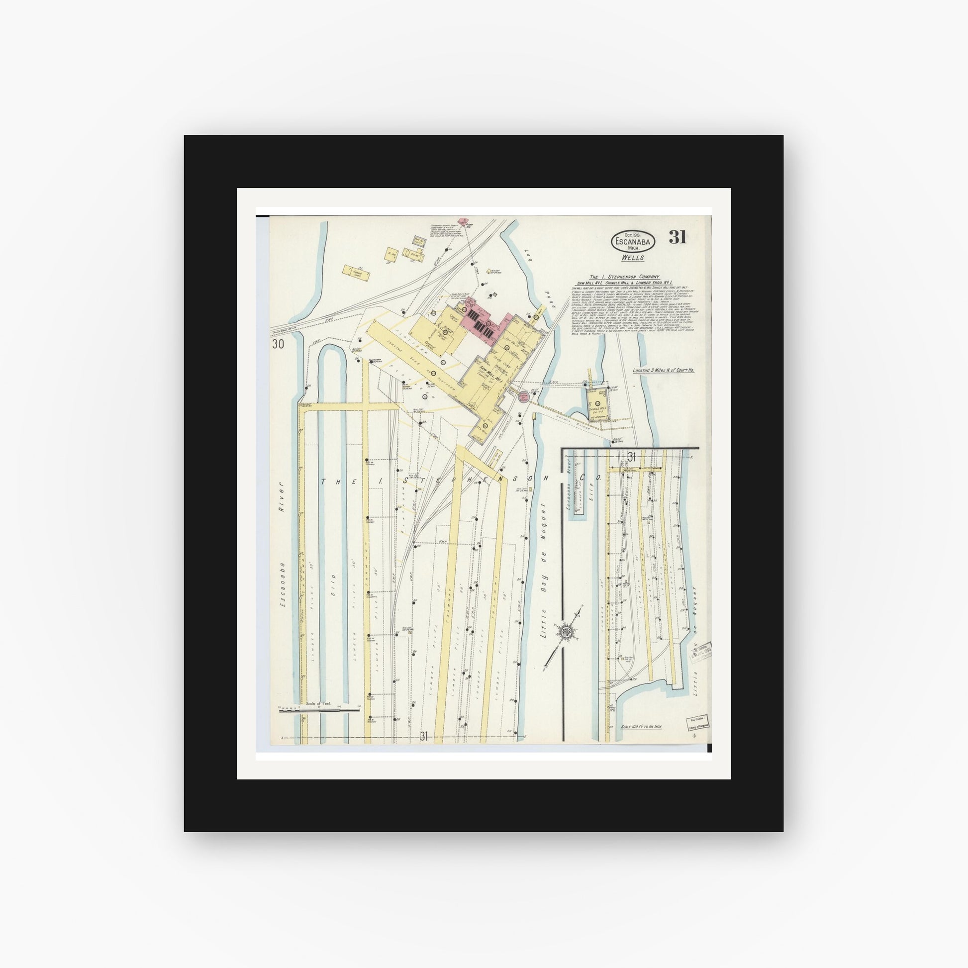 Old map wall art mockup — black gallery frame with white mat — Sanborn Fire Insurance Map from Escanaba, Delta County, Michigan (1913), Sheet #0031