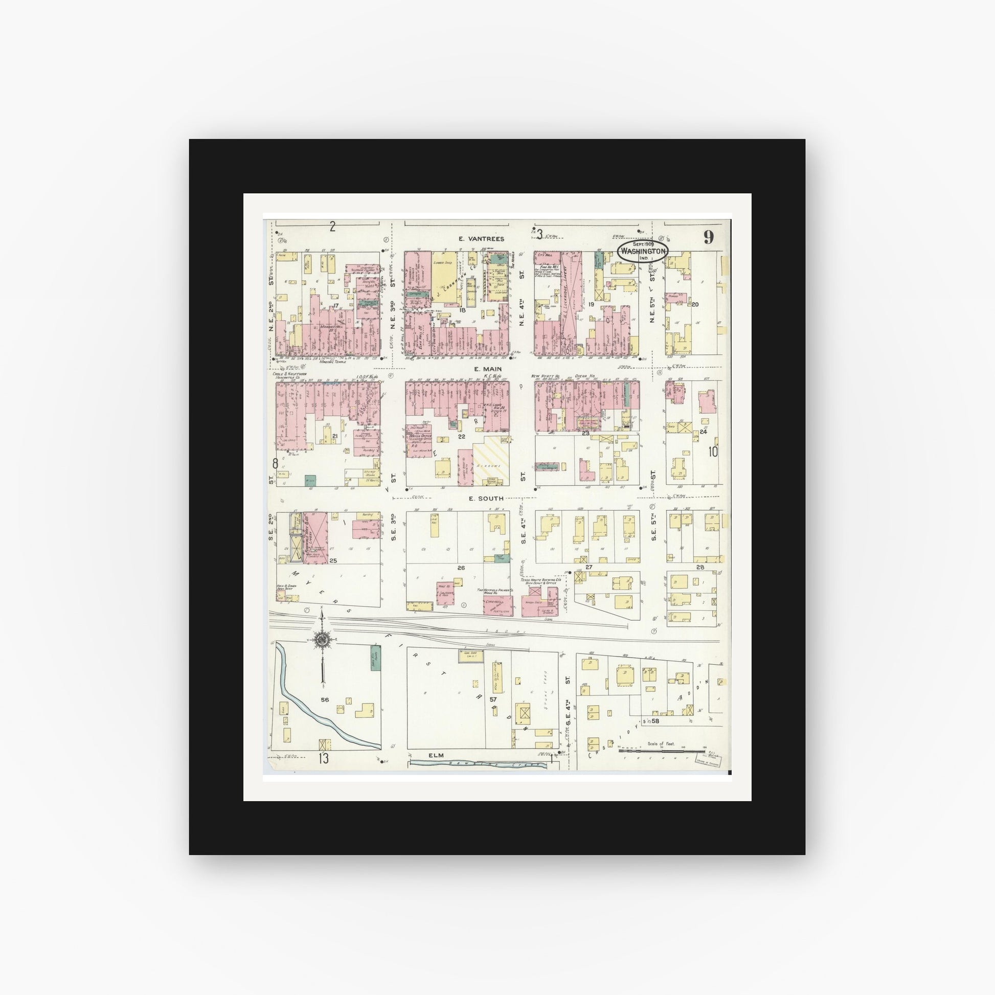 Old map wall art mockup — black gallery frame with white mat — Sanborn Fire Insurance Map from Washington, Daviess County, Indiana (1909), Sheet #0009