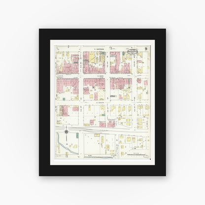 Old map wall art mockup — black gallery frame with white mat — Sanborn Fire Insurance Map from Washington, Daviess County, Indiana (1909), Sheet #0009