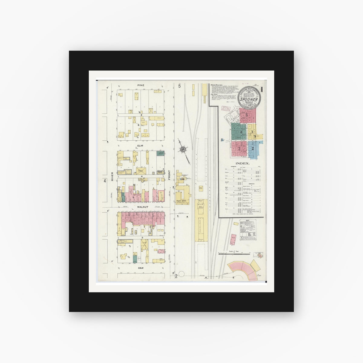 Old map wall art mockup — black gallery frame with white mat — Sanborn Fire Insurance Map from Spooner, Washburn County, Wisconsin (1909) - Complete Map Set