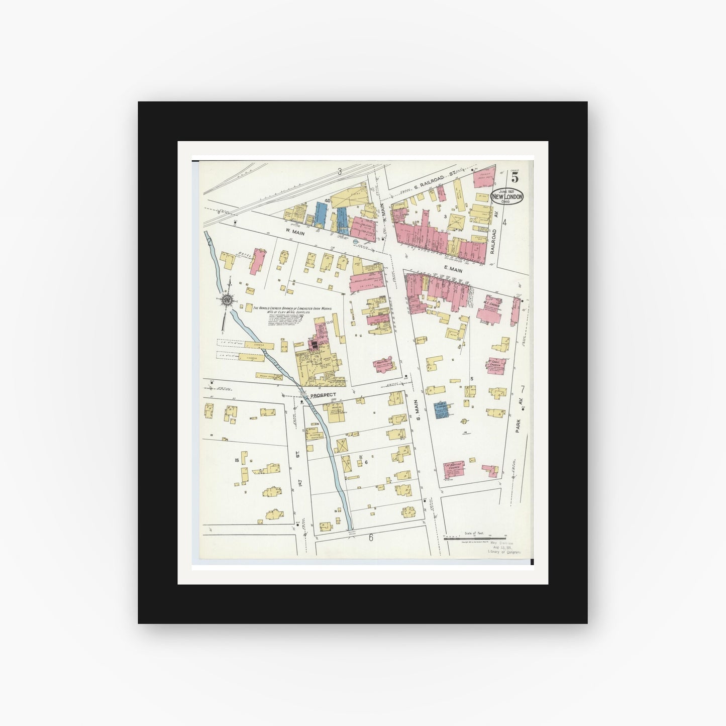 Old map wall art mockup — black gallery frame with white mat — Sanborn Fire Insurance Map from New London, Huron County, Ohio (1921), Sheet #0005