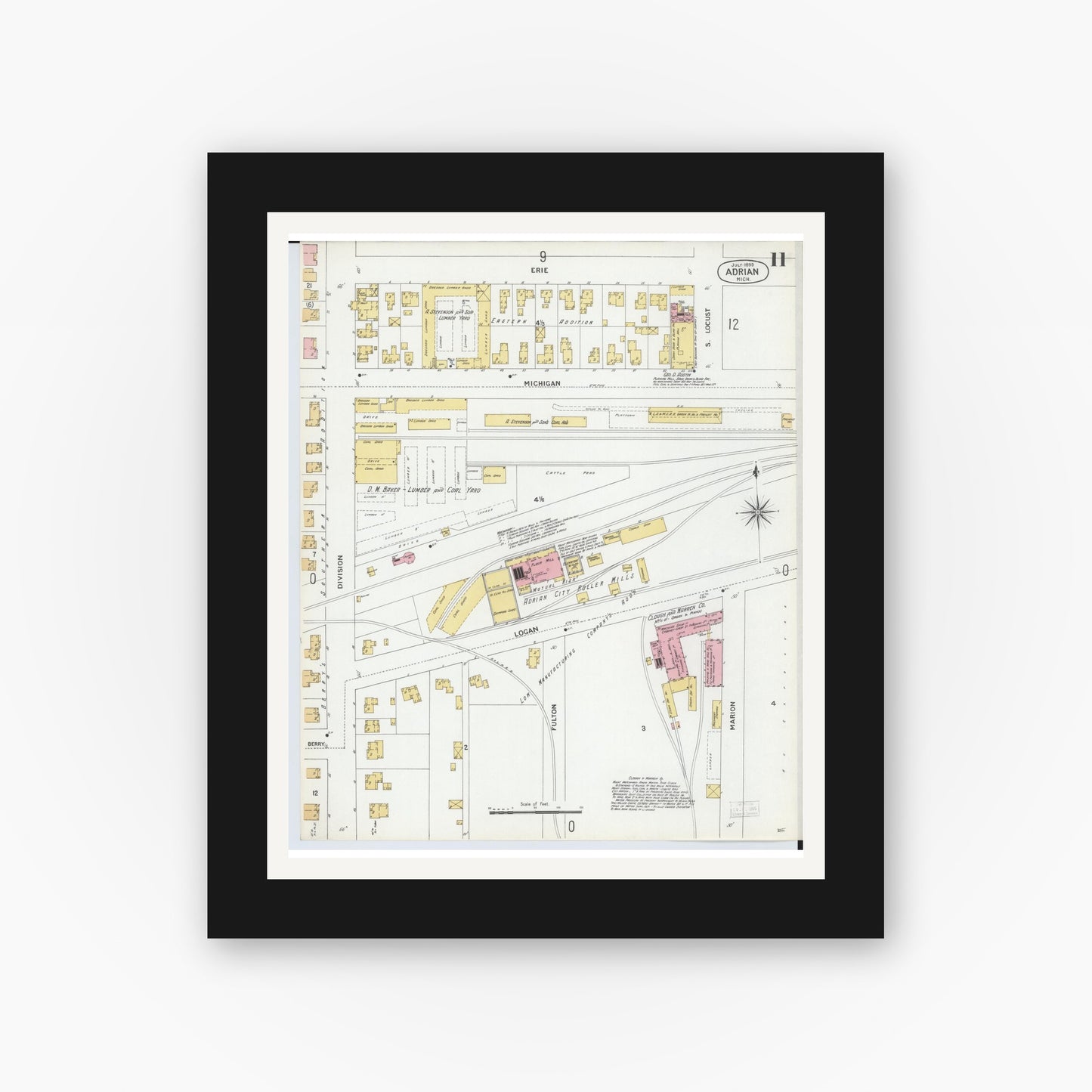 Old map wall art mockup — black gallery frame with white mat — Sanborn Fire Insurance Map from Adrian, Lenawee County, Michigan (1899), Sheet #0011
