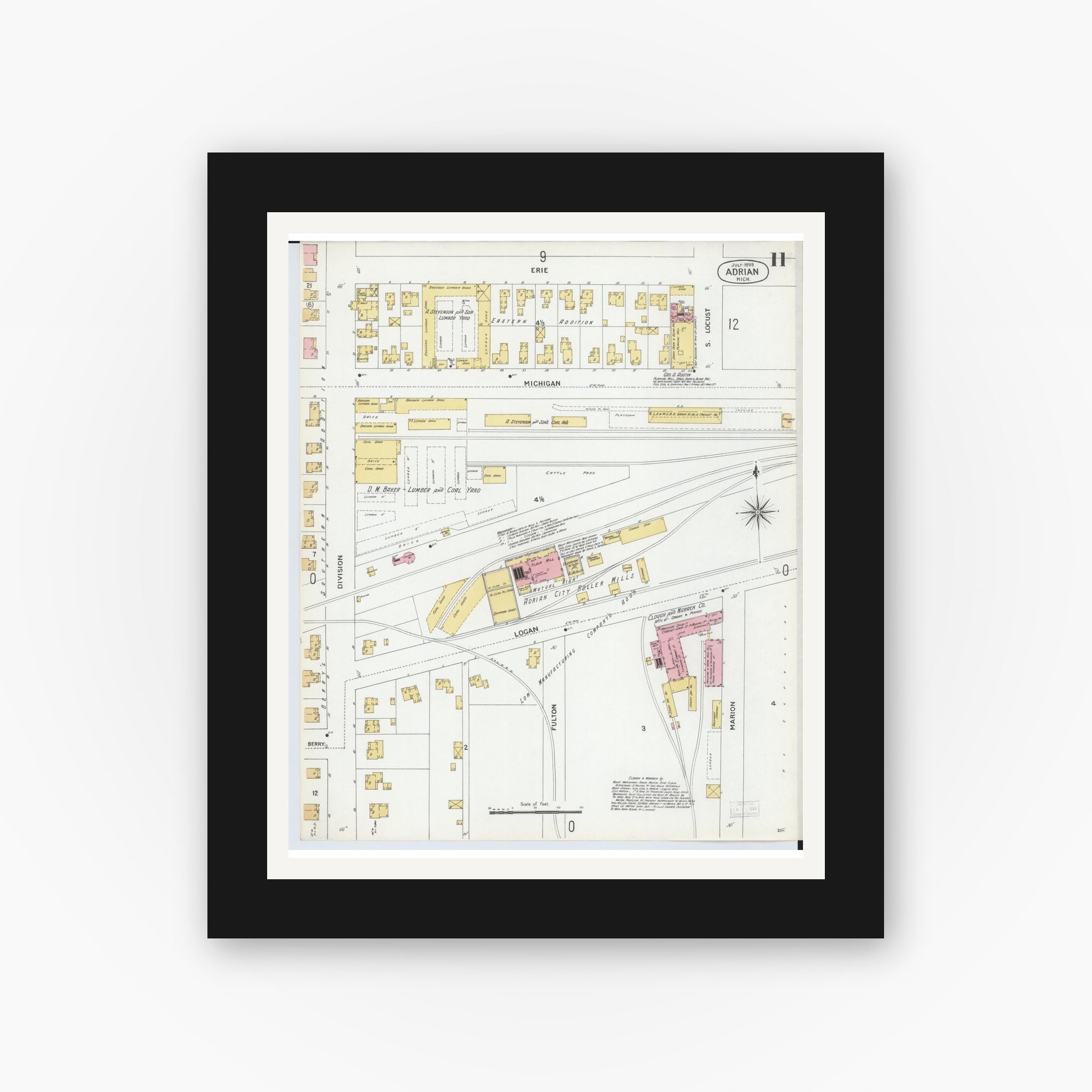 Old map wall art mockup — black gallery frame with white mat — Sanborn Fire Insurance Map from Adrian, Lenawee County, Michigan (1899), Sheet #0011