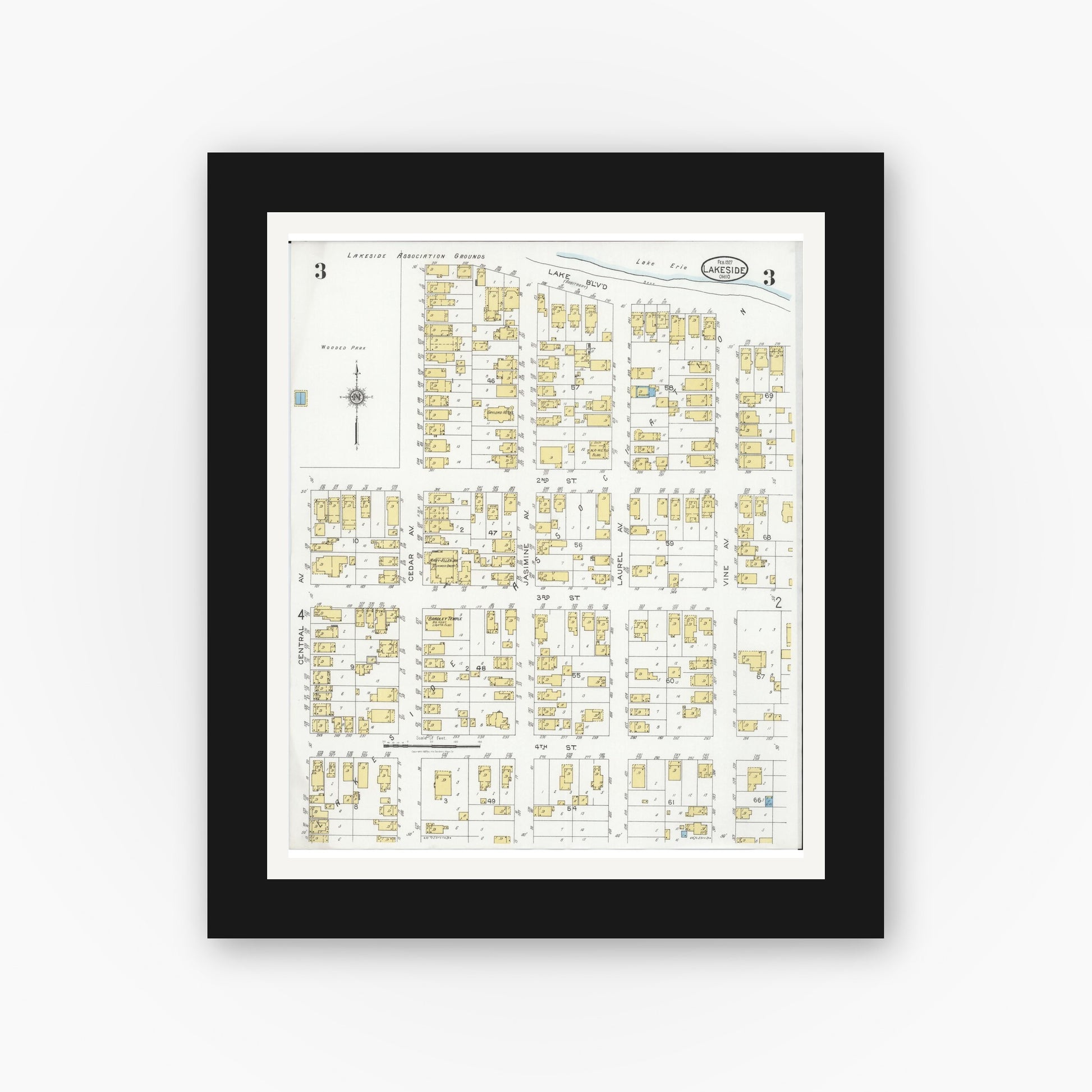 Old map wall art mockup — black gallery frame with white mat — Sanborn Fire Insurance Map from Lakeside, Ottawa County, Ohio (1927), Sheet #0003