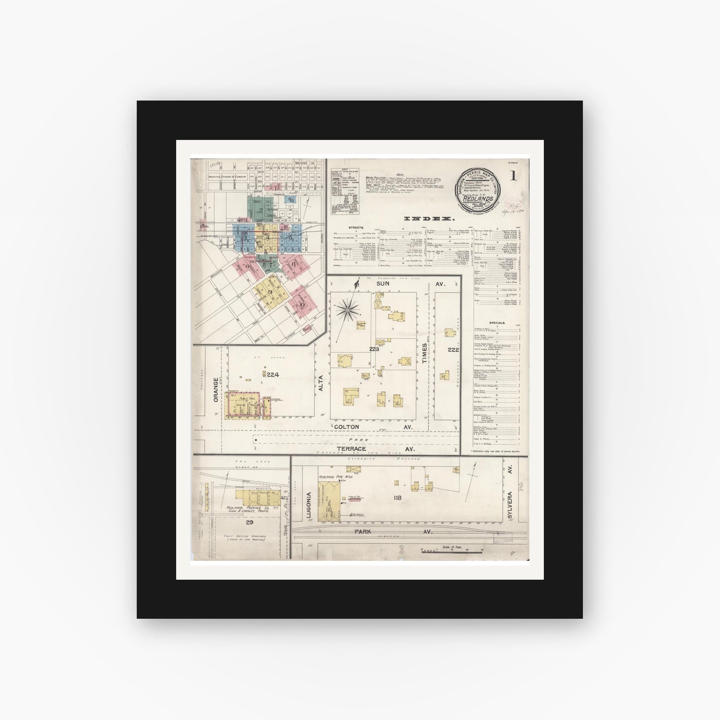Old map wall art mockup — black gallery frame with white mat — Sanborn Fire Insurance Map from Redlands, San Bernardino County, California (1894) - Complete Map Set