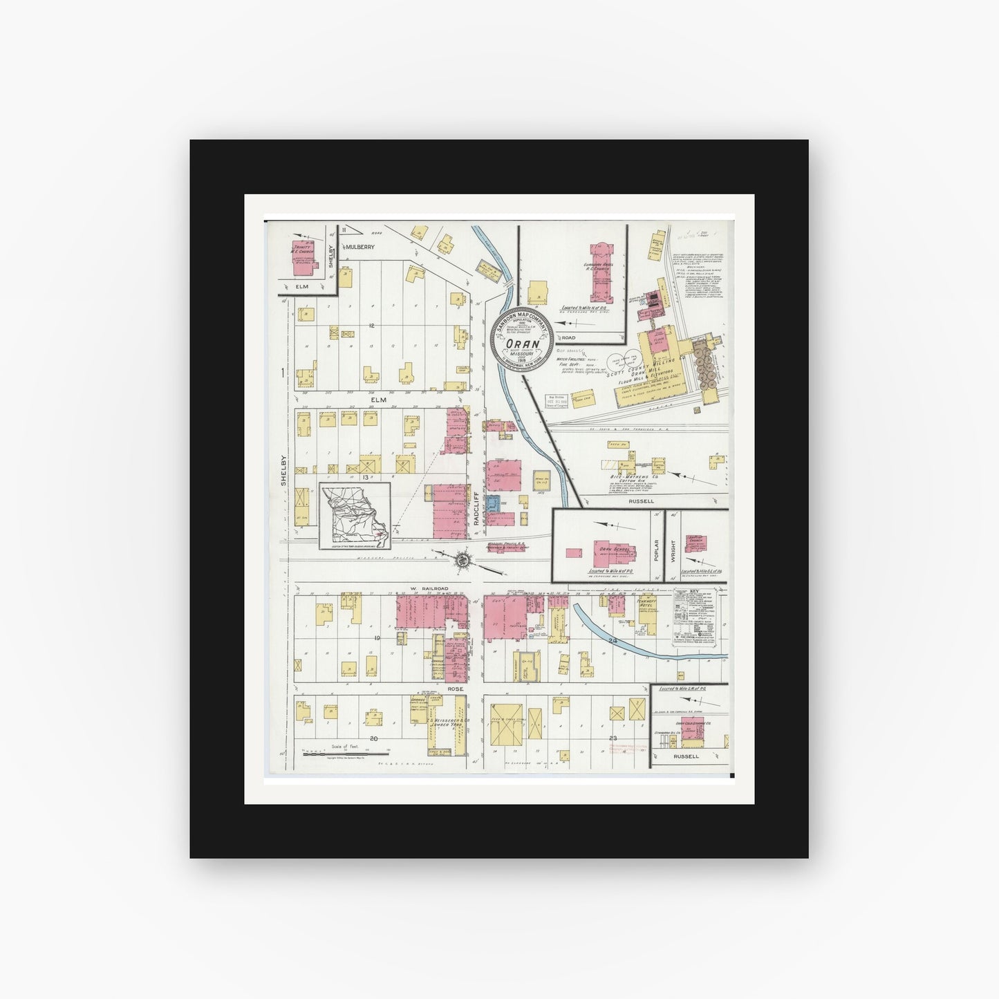 Old map wall art mockup — black gallery frame with white mat — Sanborn Fire Insurance Map from Oran, Scott County, Missouri (1919), Sheet #0001