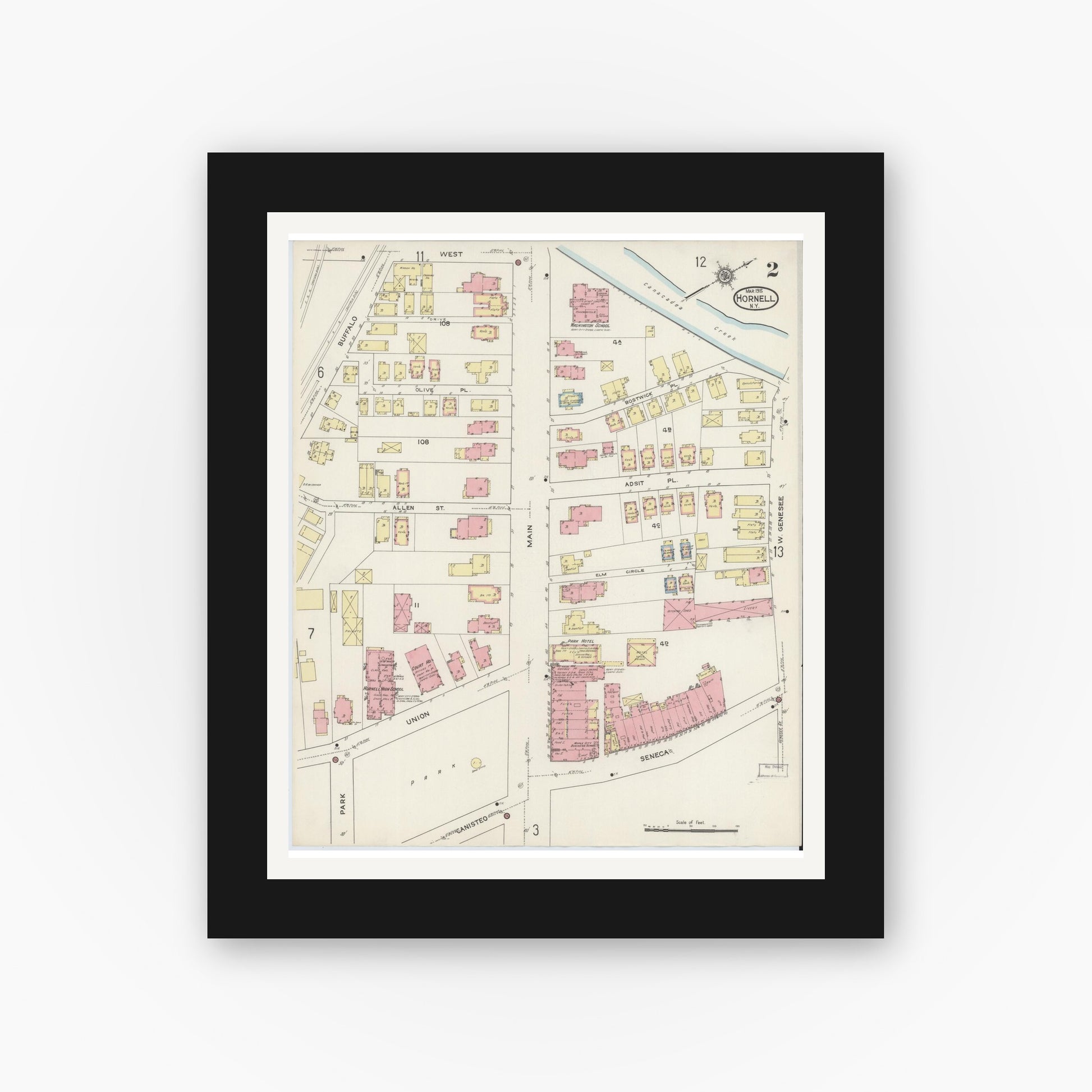 Old map wall art mockup — black gallery frame with white mat — Sanborn Fire Insurance Map from Hornell, Steuben County, New York (1915), Sheet #0002