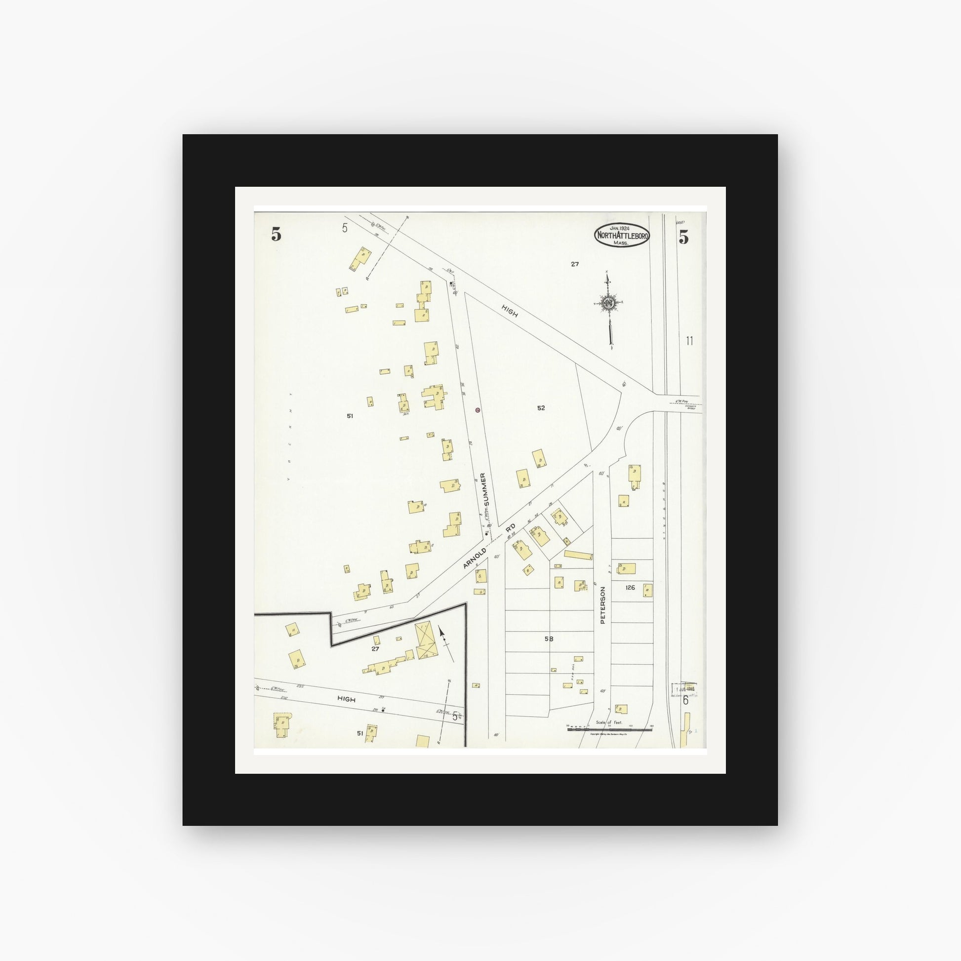 Old map wall art mockup — black gallery frame with white mat — Sanborn Fire Insurance Map from North Attleborough, Bristol County, Massachusetts (1924), Sheet #0005