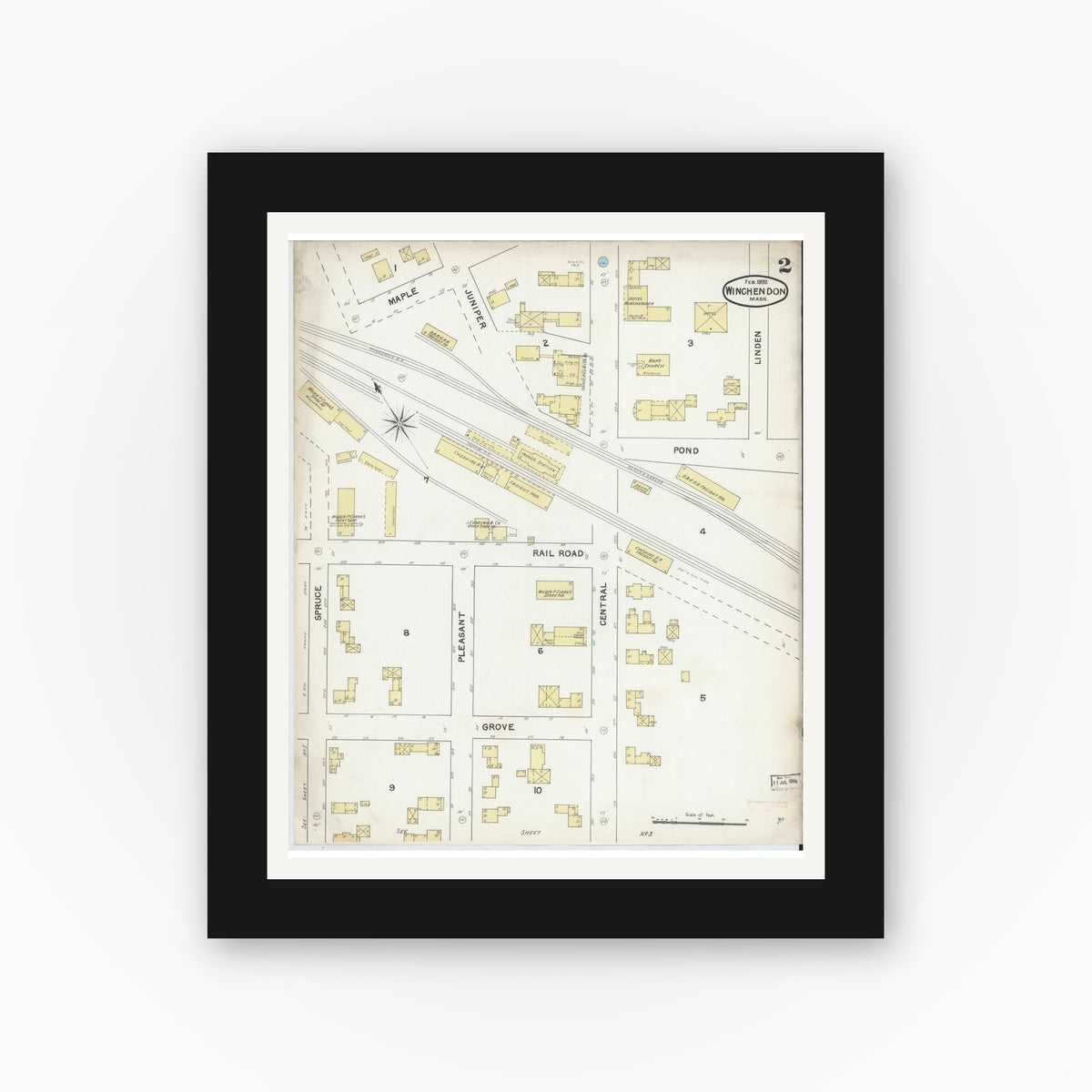 Old map wall art mockup — black gallery frame with white mat — Sanborn Fire Insurance Map from Winchendon, Worcester County, Massachusetts (1892), Sheet #0002