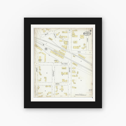 Old map wall art mockup — black gallery frame with white mat — Sanborn Fire Insurance Map from Winchendon, Worcester County, Massachusetts (1892), Sheet #0002
