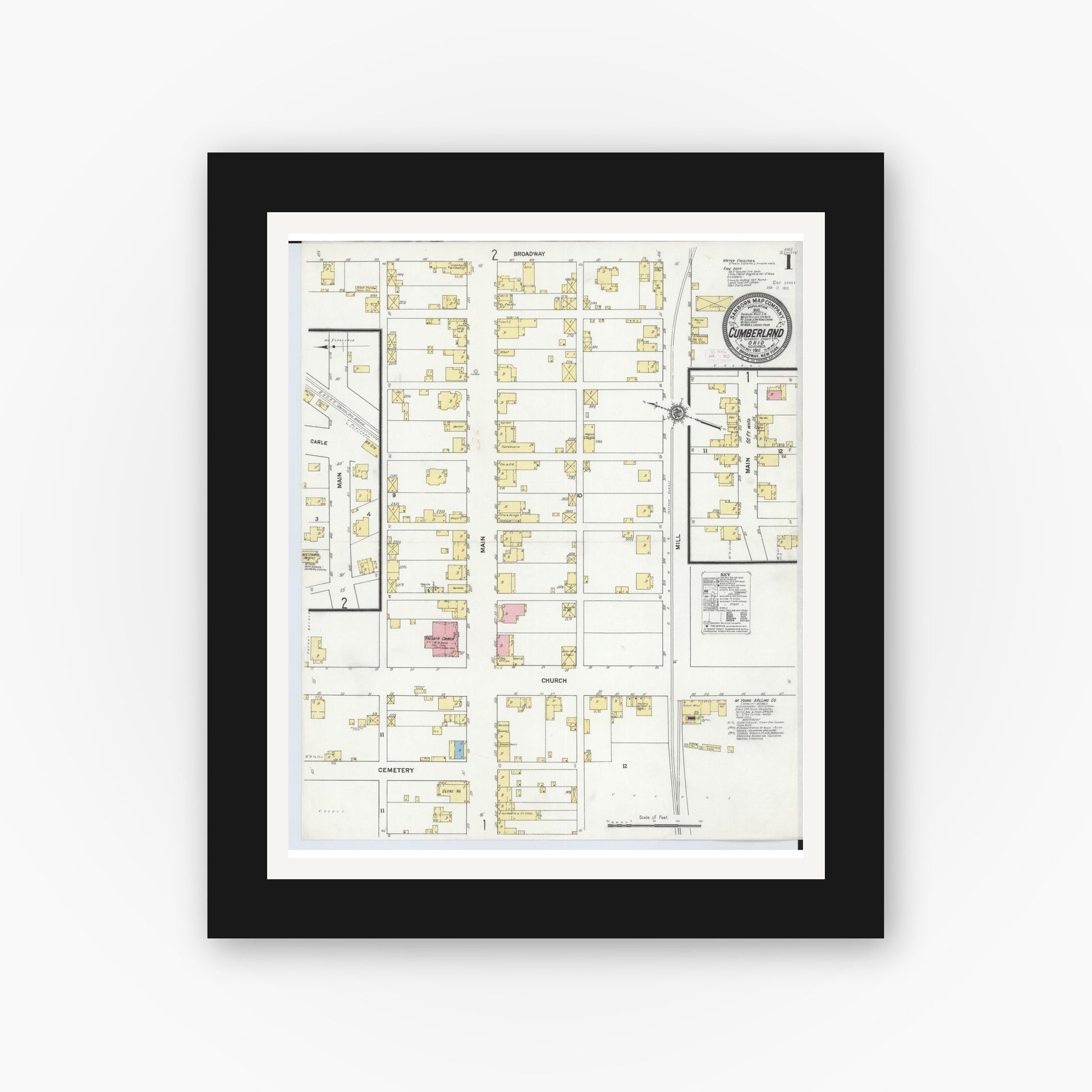 Old map wall art mockup — black gallery frame with white mat — Sanborn Fire Insurance Map from Cumberland, Guernsey County, Ohio (1911) - Complete Map Set