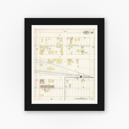 Old map wall art mockup — black gallery frame with white mat — Sanborn Fire Insurance Map from Modesto, Stanislaus County, California (1911), Sheet #0019