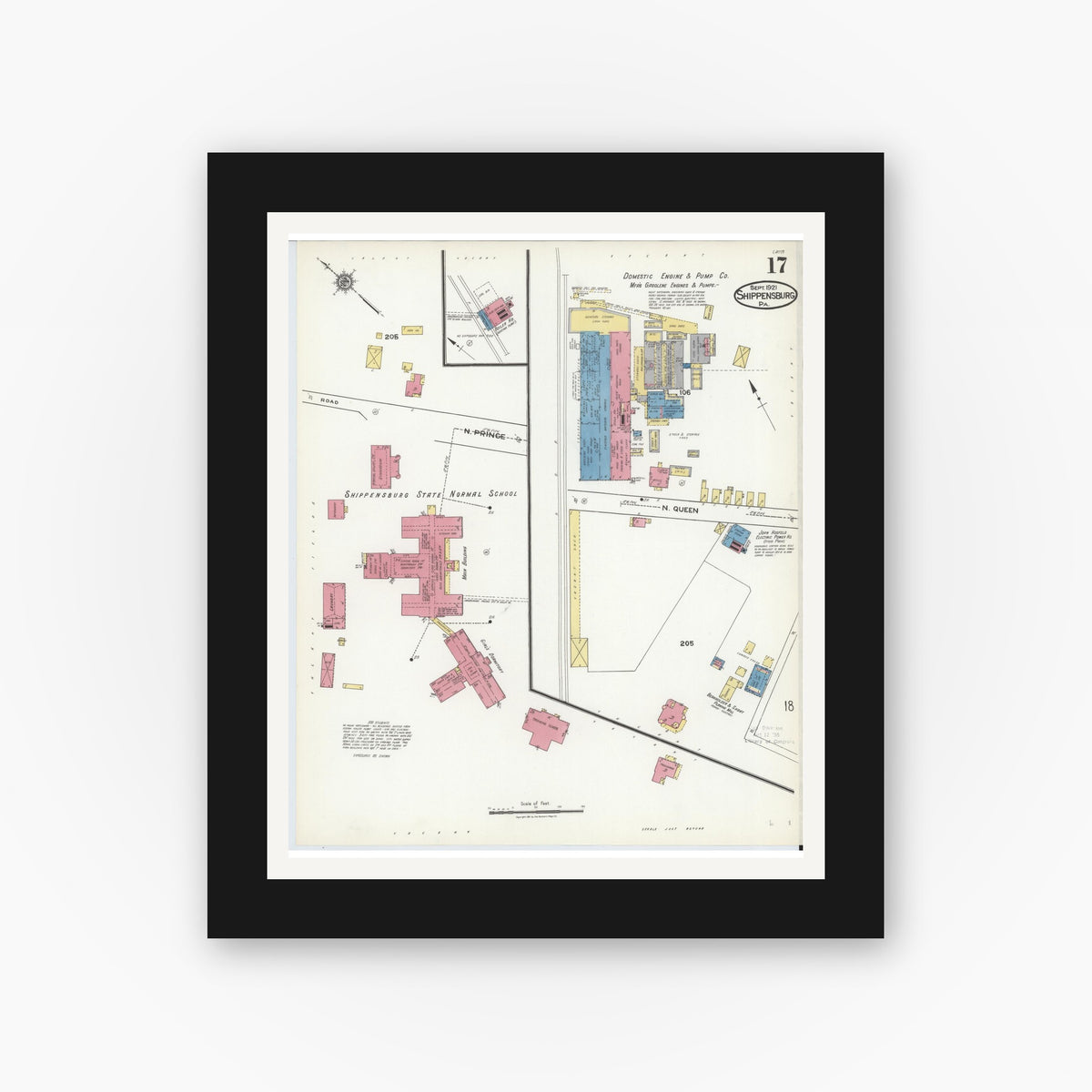 Old map wall art mockup — black gallery frame with white mat — Sanborn Fire Insurance Map from Shippensburg, Cumberland And Franklin Counties, Pennsylvania (1921), Sheet #0017