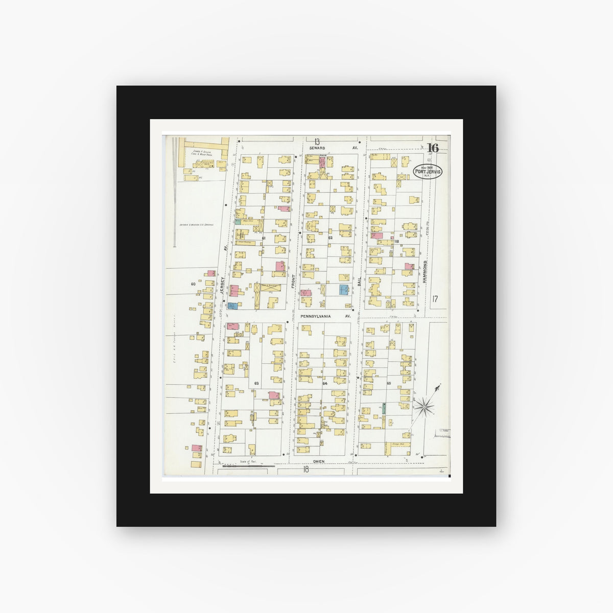 Old map wall art mockup — black gallery frame with white mat — Sanborn Fire Insurance Map from Port Jervis, Orange County, New York (1905), Sheet #0016