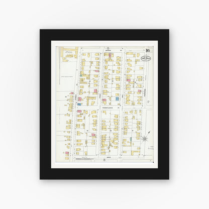 Old map wall art mockup — black gallery frame with white mat — Sanborn Fire Insurance Map from Port Jervis, Orange County, New York (1905), Sheet #0016