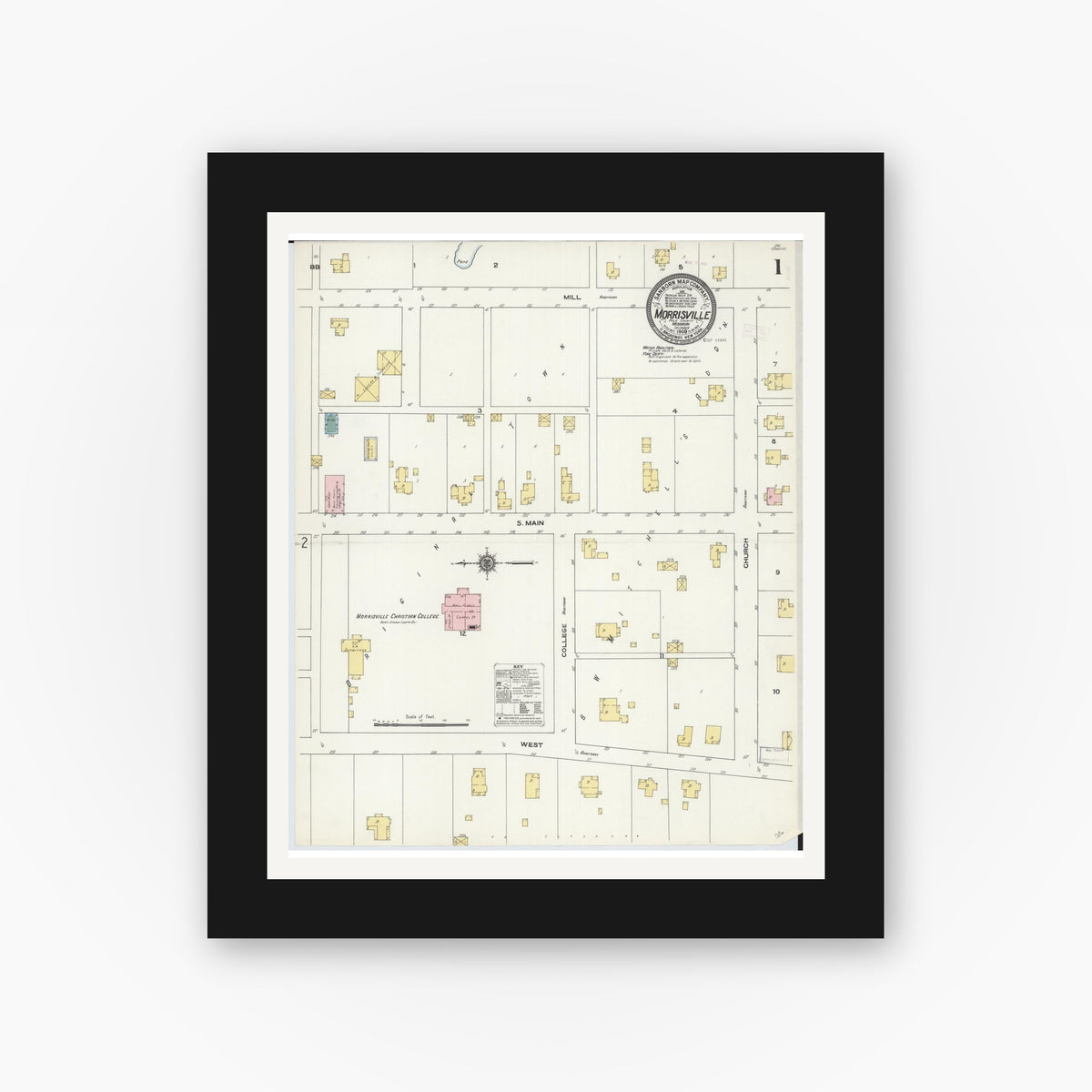 Old map wall art mockup — black gallery frame with white mat — Sanborn Fire Insurance Map from Morrisville, Polk County, Missouri (1909), Sheet #0001