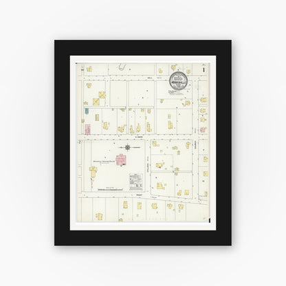 Old map wall art mockup — black gallery frame with white mat — Sanborn Fire Insurance Map from Morrisville, Polk County, Missouri (1909), Sheet #0001