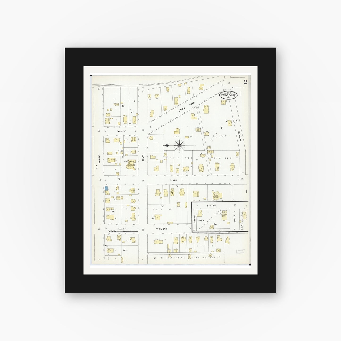 Old map wall art mockup — black gallery frame with white mat — Sanborn Fire Insurance Map from Princeville, Peoria County, Illinois (1909), Sheet #0002