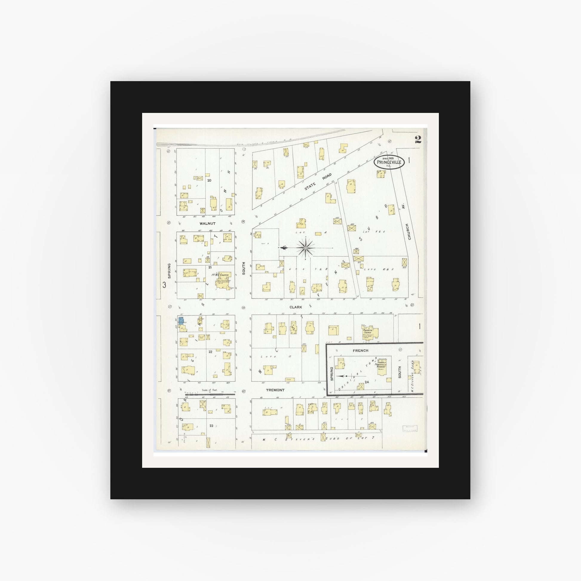 Old map wall art mockup — black gallery frame with white mat — Sanborn Fire Insurance Map from Princeville, Peoria County, Illinois (1909), Sheet #0002