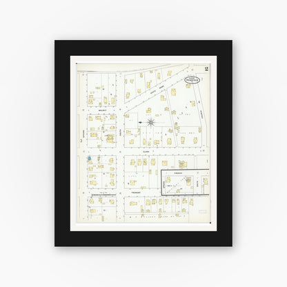 Old map wall art mockup — black gallery frame with white mat — Sanborn Fire Insurance Map from Princeville, Peoria County, Illinois (1909), Sheet #0002