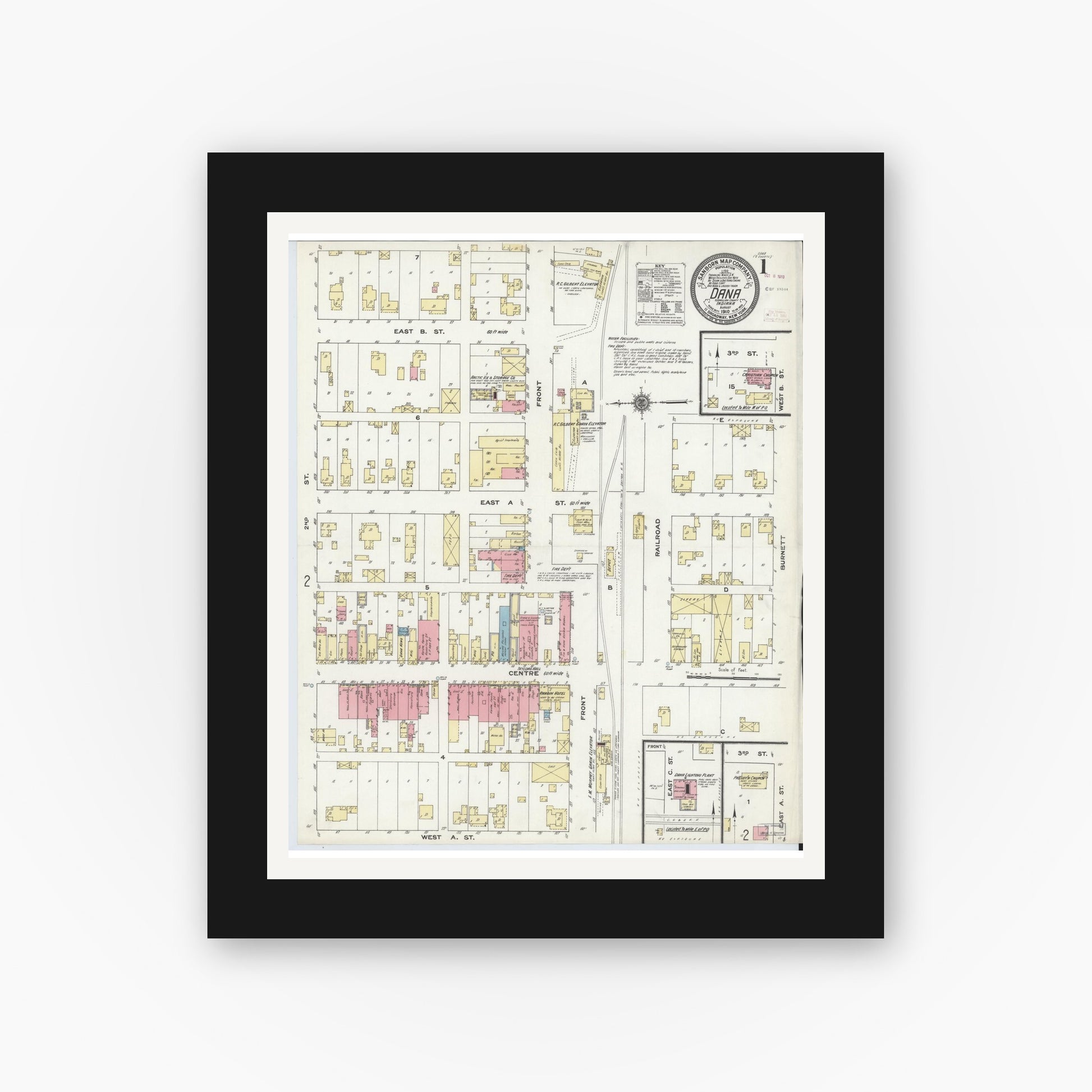 Old map wall art mockup — black gallery frame with white mat — Sanborn Fire Insurance Map from Dana, Vermillion County, Indiana (1910) - Complete Map Set