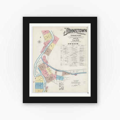 Old map wall art mockup — black gallery frame with white mat — Sanborn Fire Insurance Map from Johnstown, Cambria County, Pennsylvania (1891), Sheet #0001