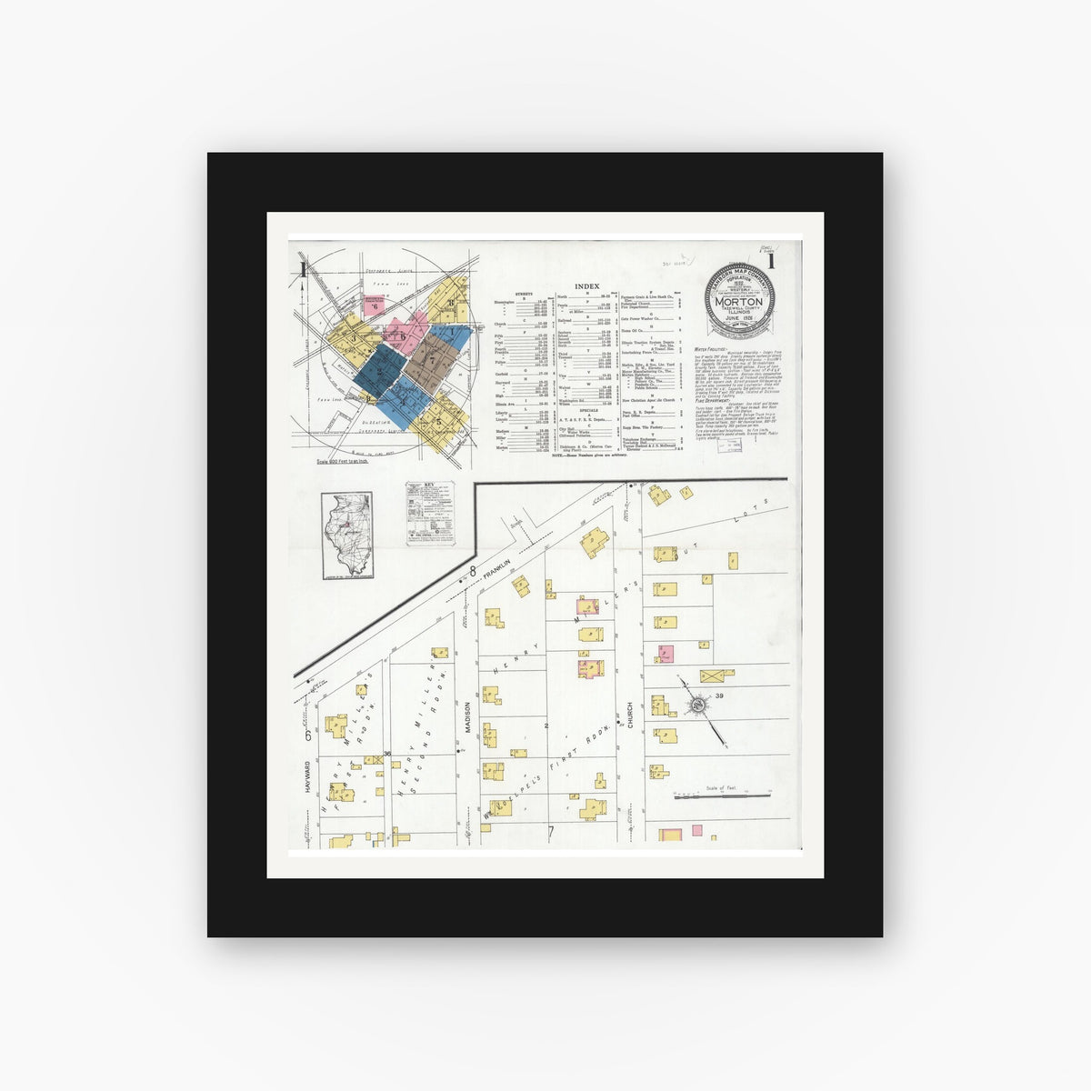 Old map wall art mockup — black gallery frame with white mat — Sanborn Fire Insurance Map from Morton, Tazewell County, Illinois (1926), Sheet #0001