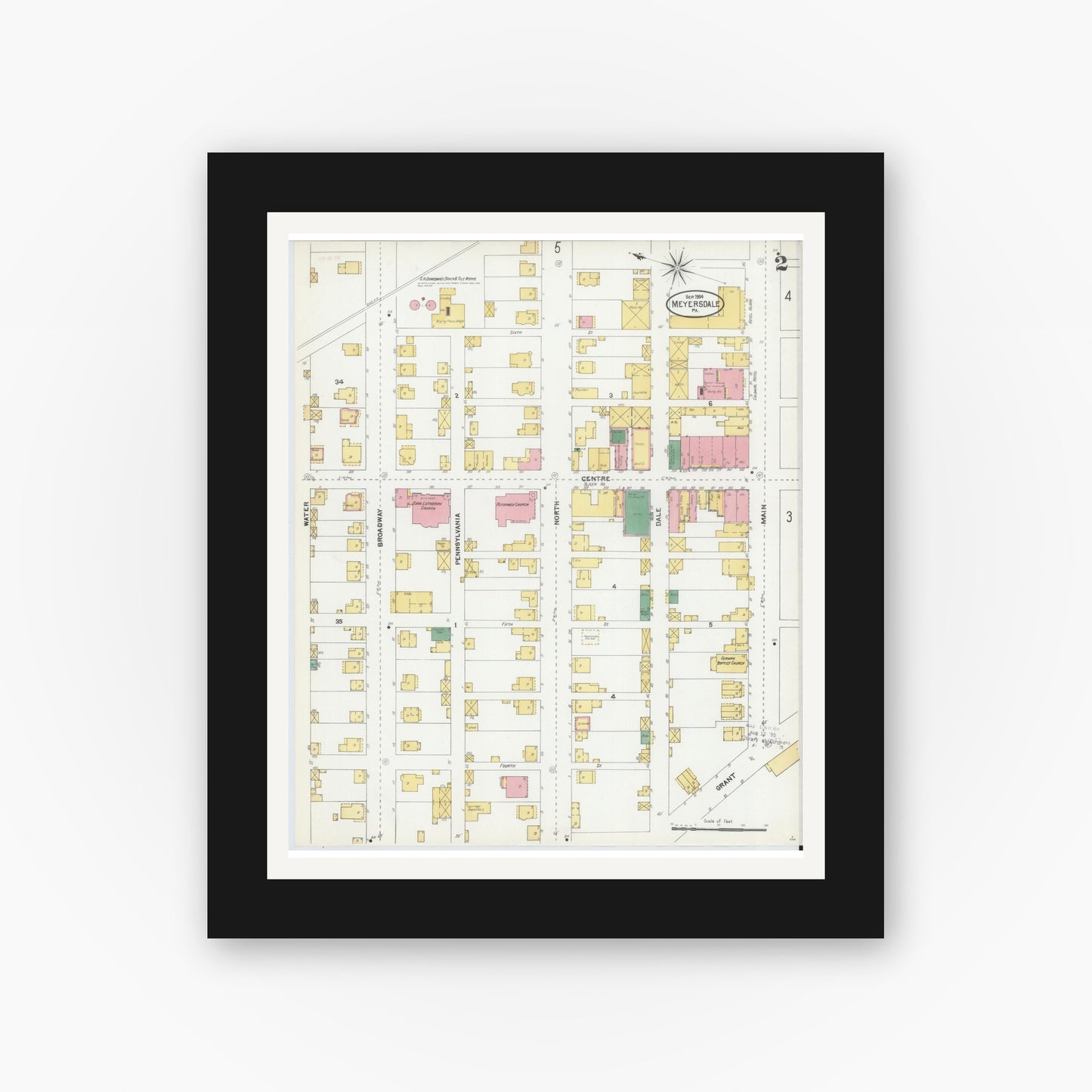 Old map wall art mockup — black gallery frame with white mat — Sanborn Fire Insurance Map from Meyersdale, Somerset County, Pennsylvania (1904), Sheet #0002