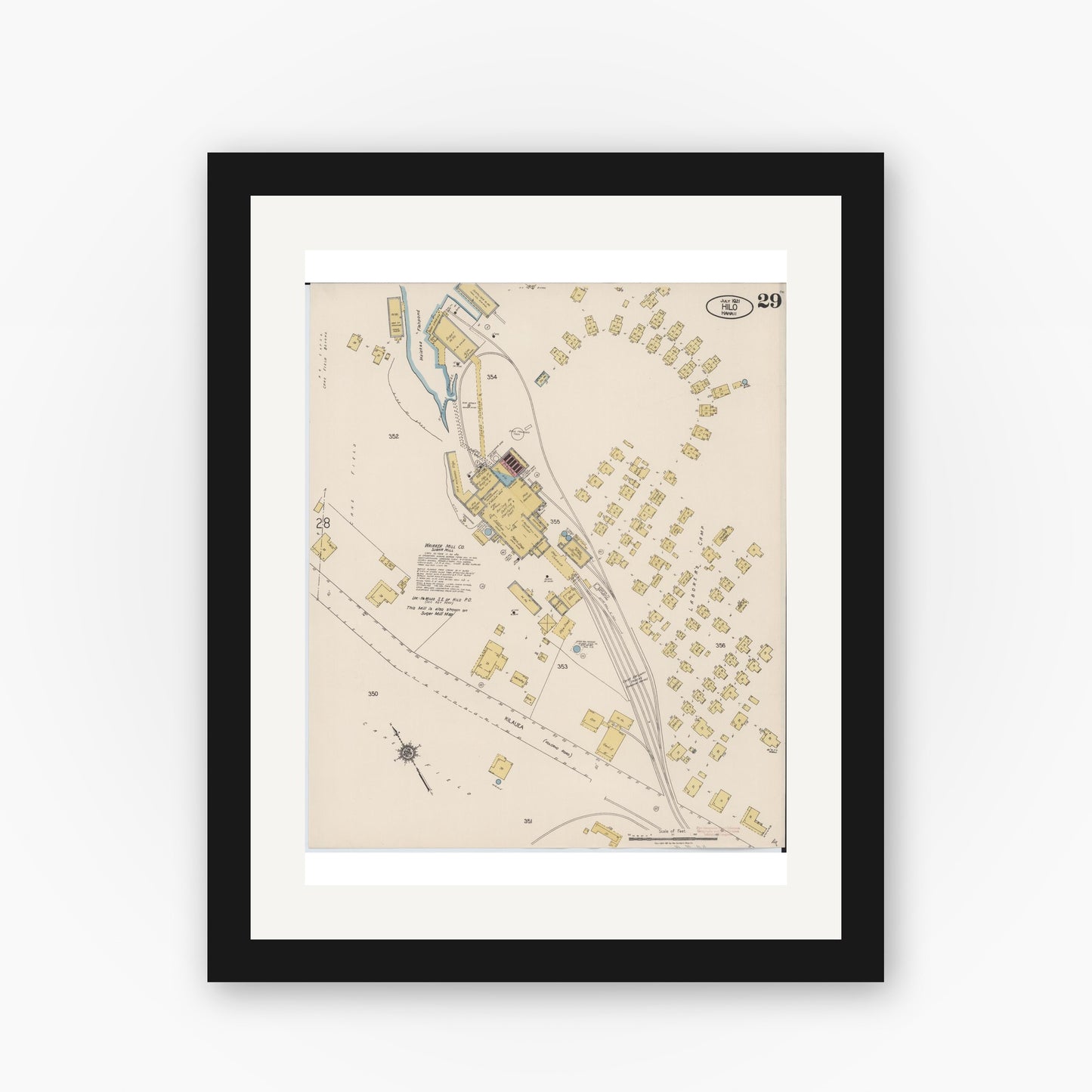 Old map wall art mockup — black gallery frame with white mat — Sanborn Fire Insurance Map from Hilo, Hawaii County, Hawaii (1921), Sheet #0029