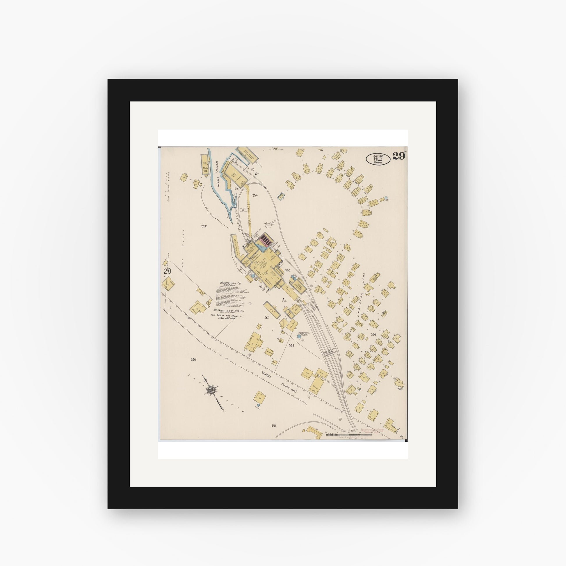 Old map wall art mockup — black gallery frame with white mat — Sanborn Fire Insurance Map from Hilo, Hawaii County, Hawaii (1921), Sheet #0029